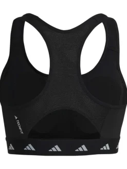 Brassière noire à col rond avec dos nageur et logo blanc floqué autour de la taille élastiquée