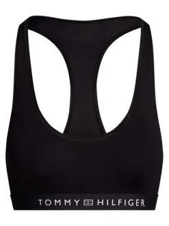Brassière noire unie avec taille élastiquée et nom de la marque