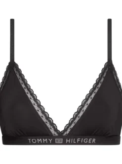 Brassière noire unie avec un bonnet triangle à dentelle et des bretelles