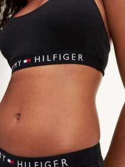 Brassière noire unie en coton à dos nageur avec taille élastiquée avec marque et logo