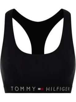 Brassière noire unie en coton à dos nageur avec taille élastiquée avec marque et logo