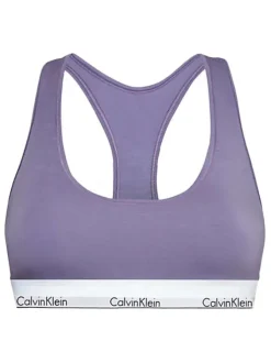 Brassière violette unie avec nom de la marque brodé sur la bande blanche