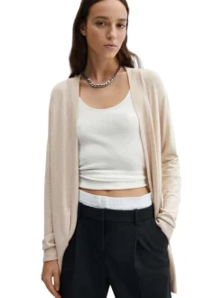Cardigan beige chiné avec une coupe droite un col v et à manches longues