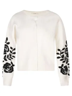 Cardigan beige et brodé aux manches, à col rond et à manches longues