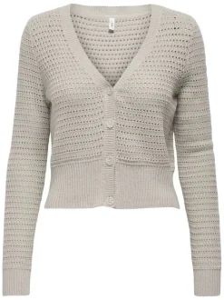 Cardigan beige uni en crochet ajouré avec une coupe droite et un col v