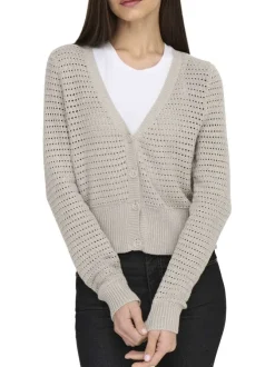 Cardigan beige uni en crochet ajouré avec une coupe droite et un col v