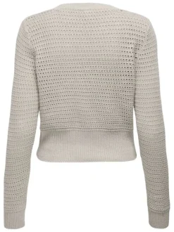 Cardigan beige uni en crochet ajouré avec une coupe droite et un col v