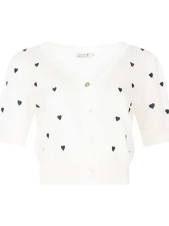 Cardigan blanc avec des cœurs imprimés et une coupe droite à col v