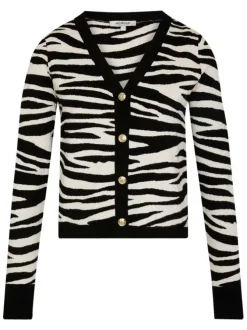 Cardigan blanc zébré à coupe ajustée avec un col v et des boutons or