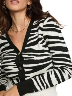 Cardigan blanc zébré à coupe ajustée avec un col v et des boutons or