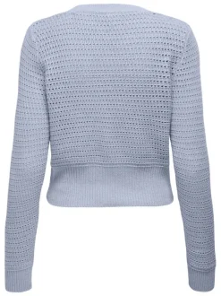 Cardigan bleu ciel uni en crochet ajouré avec une coupe droite et un col v