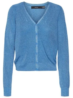 Cardigan bleu en maille jersey à coupe droite col v et à manches longues