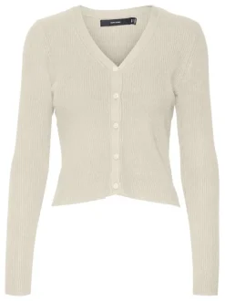 Cardigan boutonné écru côtelé à coupe droite col v et à manches longues