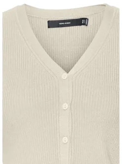 Cardigan boutonné écru côtelé à coupe droite col v et à manches longues