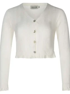 Cardigan boutonné écru en maille ajourée à coupe cropped et col v