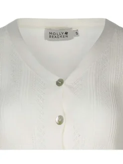 Cardigan boutonné écru en maille ajourée à coupe cropped et col v