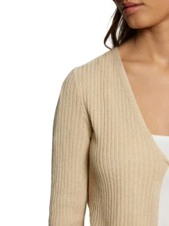 Cardigan boutonnée or côtelé à coupe droite col v et à manches longues