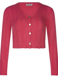 Cardigan boutonné framboise en maille ajourée à coupe cropped et col v