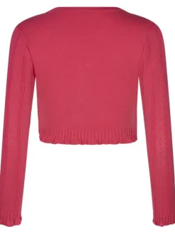Cardigan boutonné framboise en maille ajourée à coupe cropped et col v
