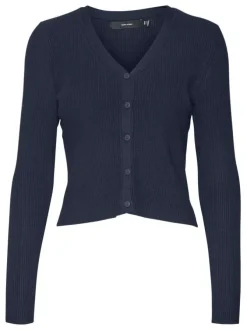 Cardigan boutonné marine côtelé à coupe droite col v et à manches longues