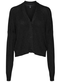 Cardigan boutonné noir en lurex à coupe droite col v et à manches longues