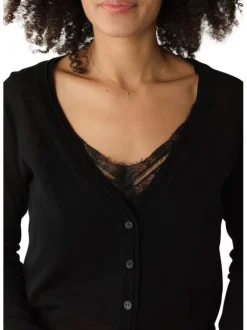Cardigan boutonné noir uni en dentelle avec une coupe droite et un col v