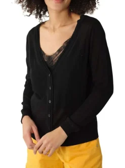 Cardigan boutonné noir uni en dentelle avec une coupe droite et un col v