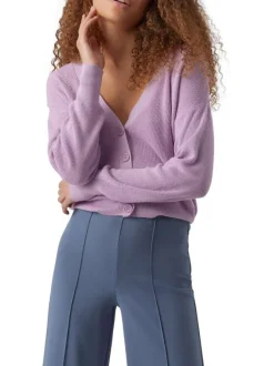 Cardigan boutonné parme en maille jersey avec une coupe droite et un col v