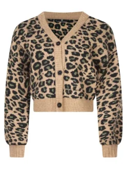 Cardigan camel léopard avec une coupe ajustée à col v et des manches longues