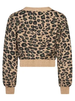Cardigan camel léopard avec une coupe ajustée à col v et des manches longues
