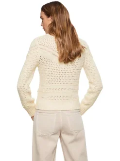 Cardigan Canica beige en maille ajourée avec une coupe droite et col montant