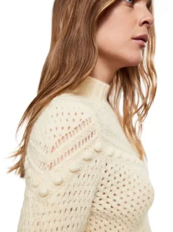 Cardigan Canica beige en maille ajourée avec une coupe droite et col montant