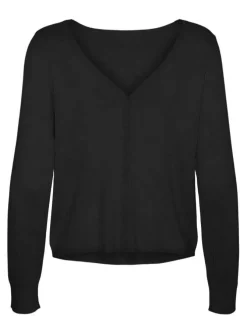 Cardigan court noir uni à col v et à coupe droite fermé par de petits boutons