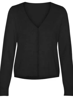 Cardigan court noir uni à col v et à coupe droite fermé par de petits boutons