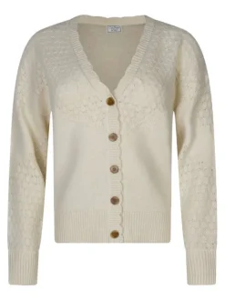 Cardigan écru uni coupe ajustée avec un col V et des manches longues