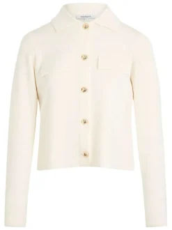 Cardigan écru uni en maille piquée avec un col à revers et des boutons or
