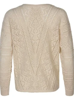 Cardigan Deborah en coton beige en dentelle crochet à coupe droite et col v