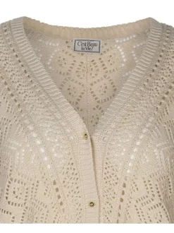 Cardigan Deborah en coton beige en dentelle crochet à coupe droite et col v