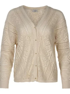 Cardigan Deborah en coton beige en dentelle crochet à coupe droite et col v
