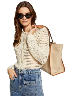 Cardigan en coton beige clair en dentelle crochet à coupe droite et col rond