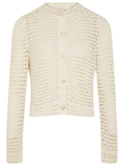 Cardigan en coton beige clair en dentelle crochet à coupe droite et col rond
