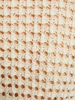 Cardigan en coton beige clair en dentelle crochet à coupe droite et col rond