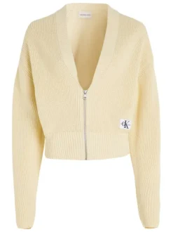 Cardigan en coton en transition écru avec une coupe relaxed et un col v
