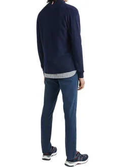 Cardigan en coton et laine marine uni avec un col montant et logo brodé