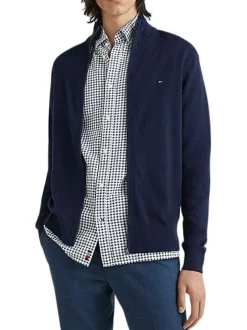 Cardigan en coton et laine marine uni avec un col montant et logo brodé