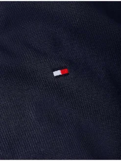 Cardigan en coton et laine marine uni avec un col montant et logo brodé