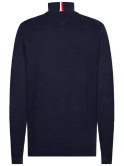 Cardigan en coton et laine marine uni avec un col montant et logo brodé