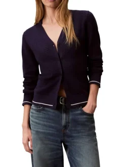 Cardigan en coton marine à coupe ajustée pourvu d'un col v profond
