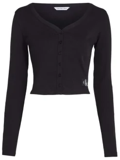 Cardigan en coton mélangé noir avec une coupe près du corps et un col v