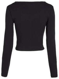 Cardigan en coton mélangé noir avec une coupe près du corps et un col v